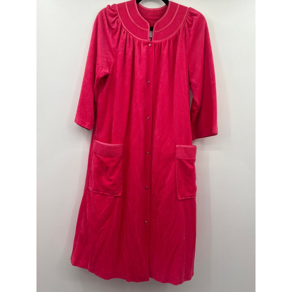 Vandemere Pink Velour Snap Front Robe Size L Vintage Housecoat Pocket Loungewear